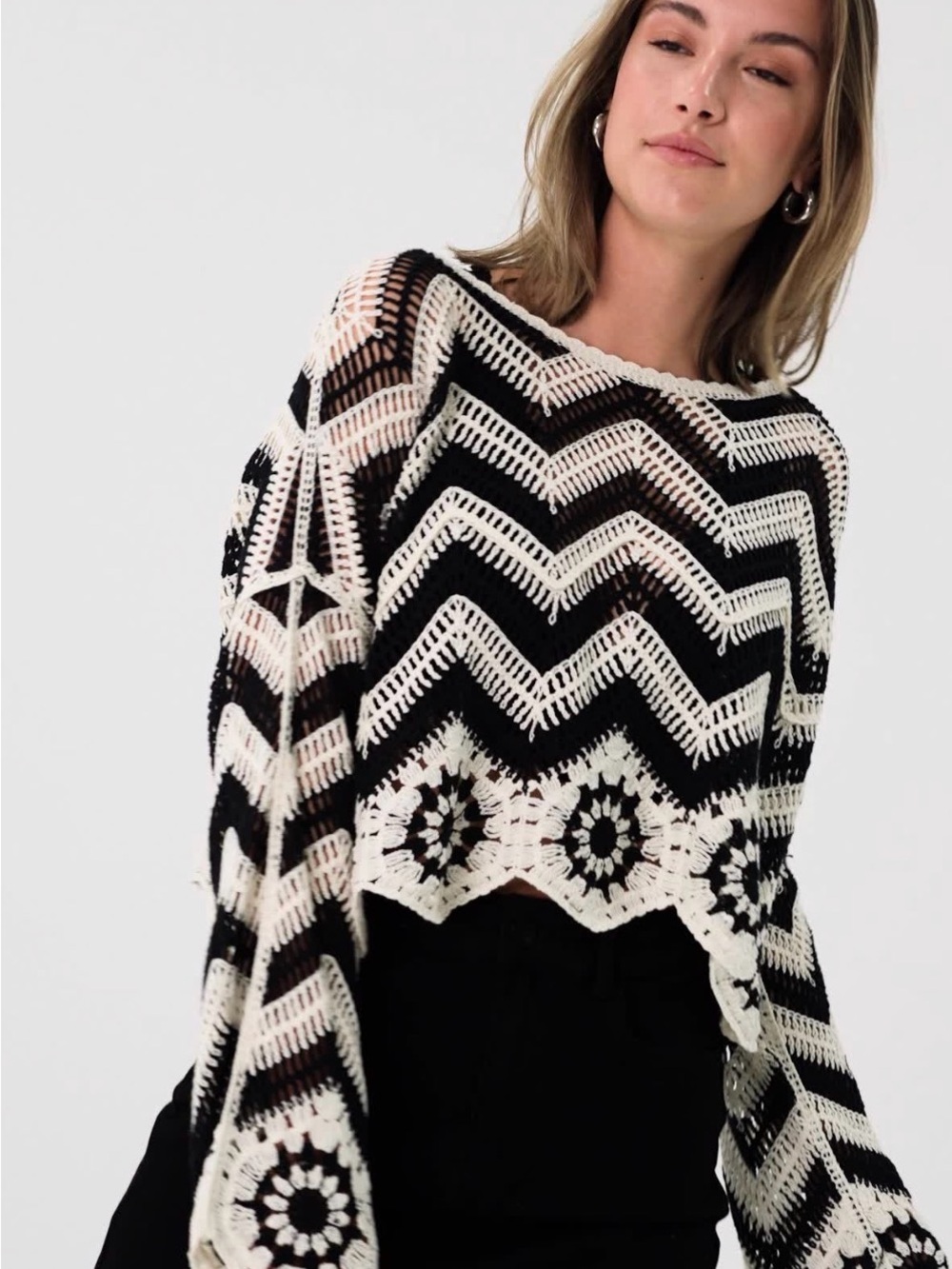 A616. Crochet Chevron Sweater Black & Cream - Picture 3 of 5